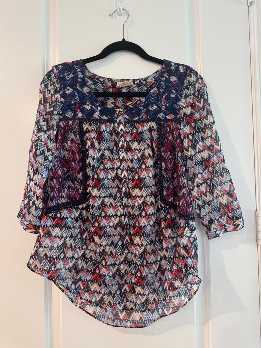 Anthropologie Navy Multicolor Chevron Peasant Blouse